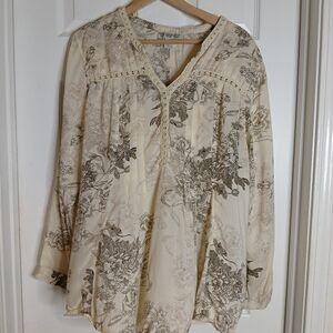 Vintage America Floral Cream Toile Vintage Print Tunic Blouse Sz XL